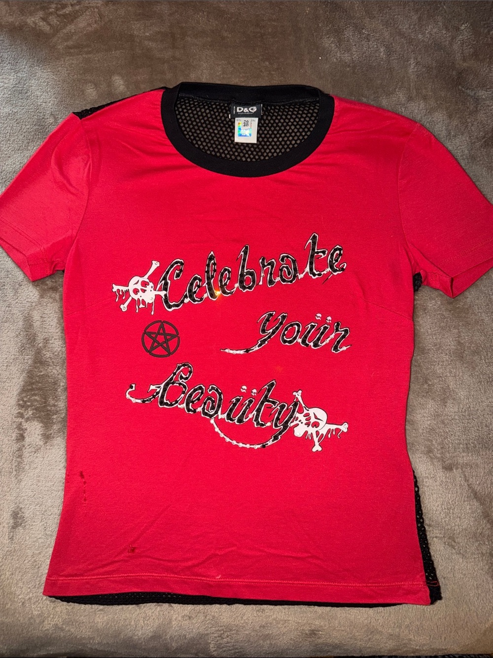Vintage 2000s Dolce & Gabbana Red Short-Sleeve Graphic Tee with Black Mesh Back